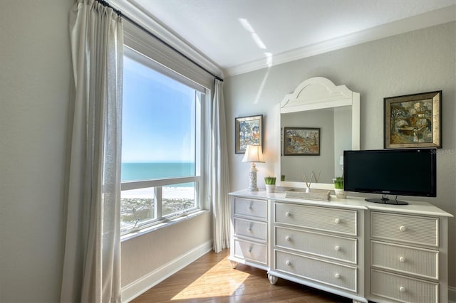 bathroom featuring vanity, baseboards, crown molding, and wood finished floors