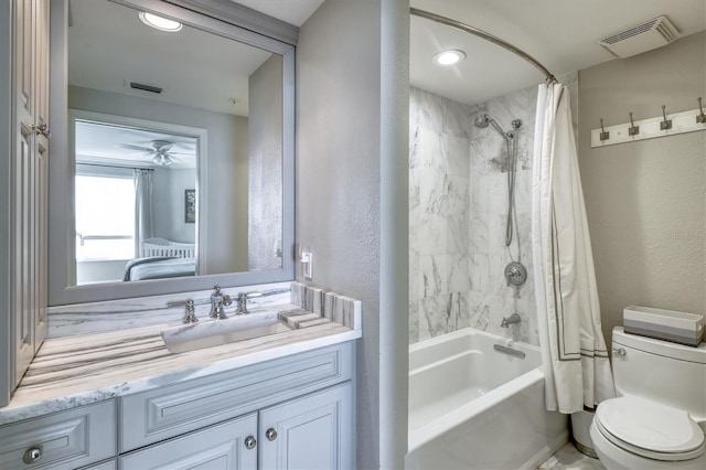 full bath featuring a textured wall, shower / bath combination with curtain, visible vents, and toilet