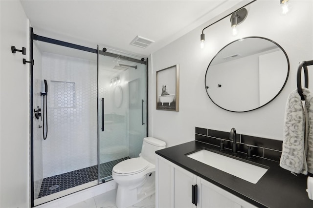 6277 Bahia Del Mar Blvd Unit 210, Saint Petersburg, FL 33715 - bathroom with marble look tiles, toilet, a shower stall, and vanity