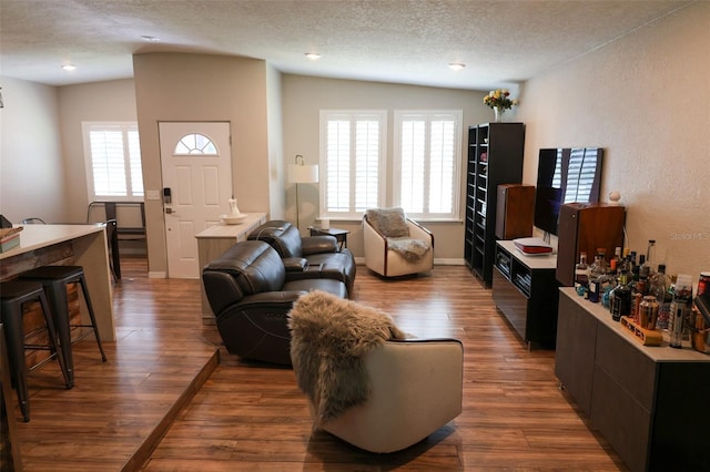 11233 51st Ave N, Saint Petersburg, FL 33708 - living area with a textured ceiling, wood finished floors, and a healthy amount of sunlight