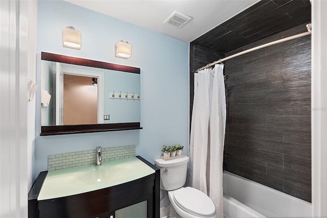 full bath featuring visible vents, toilet, backsplash, shower / bath combination with curtain, and vanity