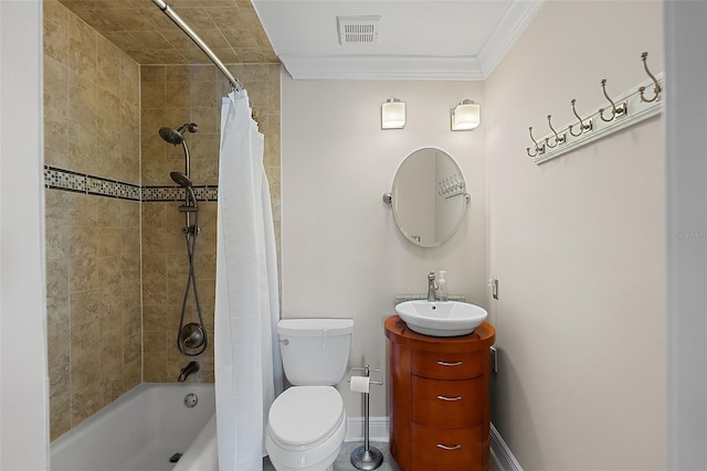 bathroom with visible vents, toilet, ornamental molding, vanity, and shower / bathtub combination with curtain