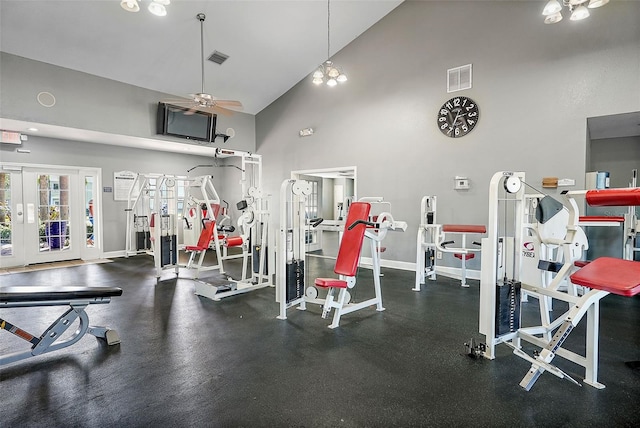 gym with a ceiling fan, baseboards, visible vents, high vaulted ceiling, and french doors