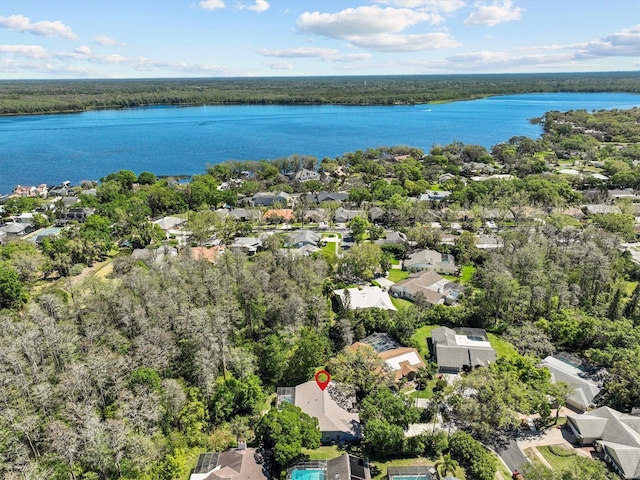 birds eye view of property featuring a residential view, a water view, and a view of trees