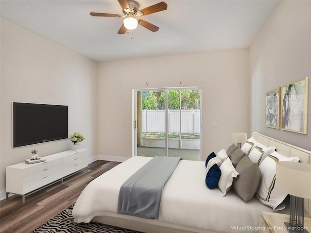 405 Laguna Mill Dr, Ruskin, FL 33570 - bedroom featuring access to outside, wood finished floors, and a ceiling fan