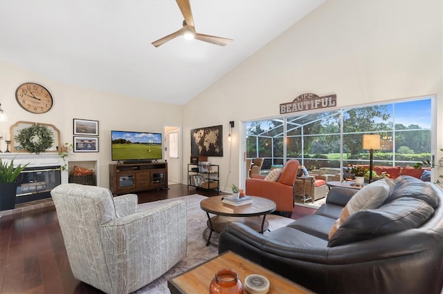 17503 Edinburgh Dr, Tampa, FL 33647 - living room featuring high vaulted ceiling, a ceiling fan, a glass covered fireplace, wood finished floors, and a sunroom