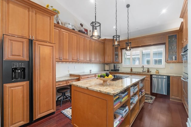 17503 Edinburgh Dr, Tampa, FL 33647 - kitchen with a center island, dishwasher, light stone counters, dark wood-style floors, and a sink