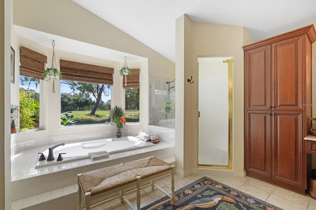 17503 Edinburgh Dr, Tampa, FL 33647 - bathroom with tile patterned floors, a shower stall, lofted ceiling, and a garden tub