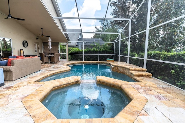 17503 Edinburgh Dr, Tampa, FL 33647 - view of pool with a patio area, glass enclosure, a pool with connected hot tub, and ceiling fan