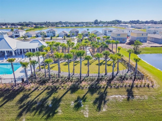 bird's eye view featuring a residential view and a water view