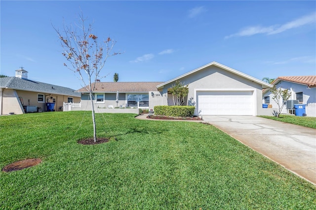 single story home with a front yard, central AC, stucco siding, concrete driveway, and a garage