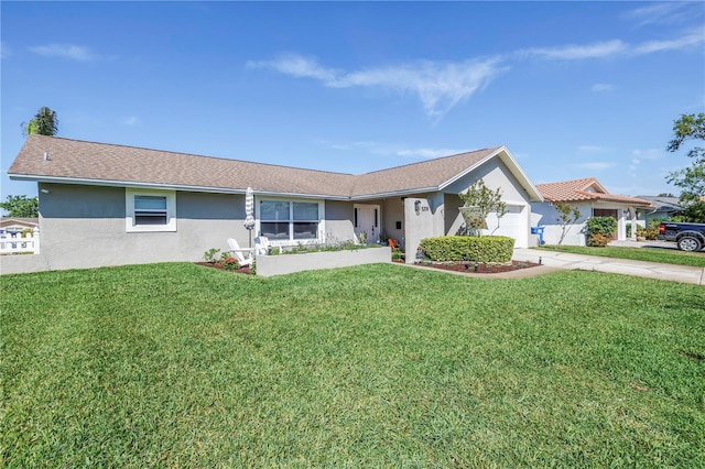 ranch-style house featuring stucco siding, driveway, a front yard, and a garage