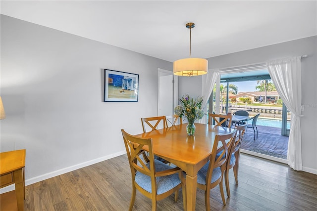 dining area featuring wood finished floors and baseboards