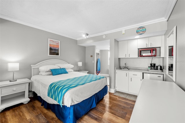 bedroom with wood finished floors, wet bar, ornamental molding, a sink, and a textured ceiling