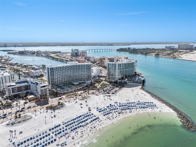 aerial view with a beach view, a view of city, and a water view