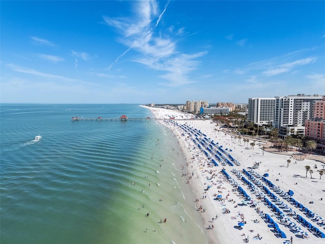 view of water feature with a view of city and a beach view