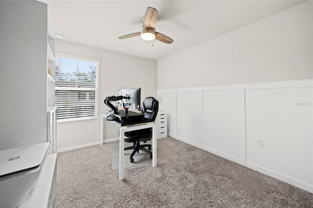 2760 Scarlet Bay Pl, Brandon, FL 33510 - office area featuring a decorative wall, light colored carpet, ceiling fan, and a wainscoted wall