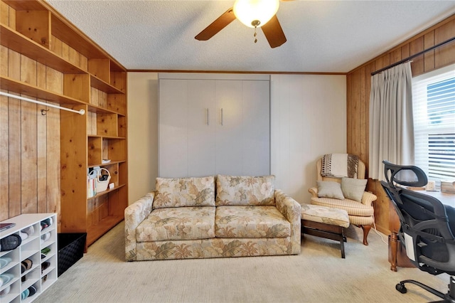 2007 E View Dr, Sun City Center, FL 33573 - office space with a ceiling fan, carpet floors, ornamental molding, wood walls, and a textured ceiling
