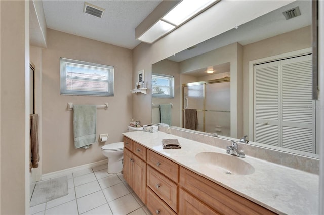 2007 E View Dr, Sun City Center, FL 33573 - bathroom featuring vanity, visible vents, tile patterned flooring, a shower stall, and toilet