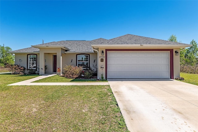ranch-style home with a garage, stucco siding, concrete driveway, and a front yard