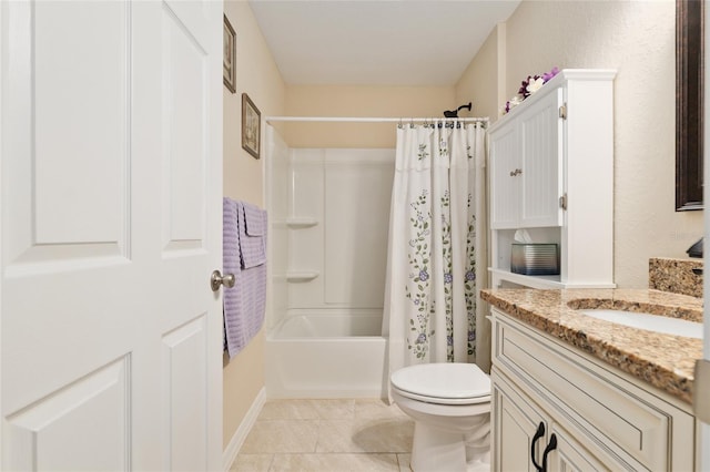 full bathroom featuring tile patterned flooring, vanity, toilet, and shower / bath combo with shower curtain