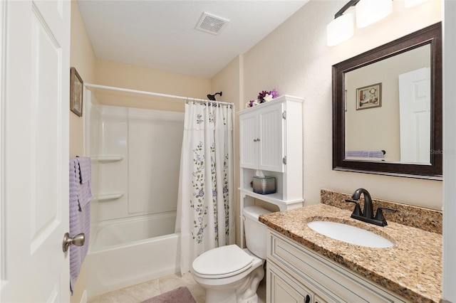 full bathroom with vanity, visible vents, tile patterned flooring, shower / bath combination with curtain, and toilet