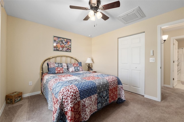 bedroom featuring a closet, ceiling fan, baseboards, and carpet