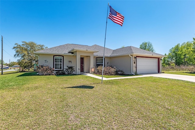 view of front of home with a front lawn, concrete driveway, roof with shingles, stucco siding, and an attached garage