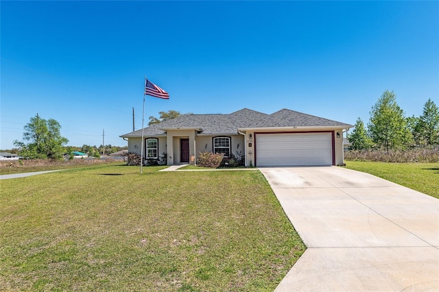 single story home featuring driveway, a shingled roof, stucco siding, a front lawn, and a garage
