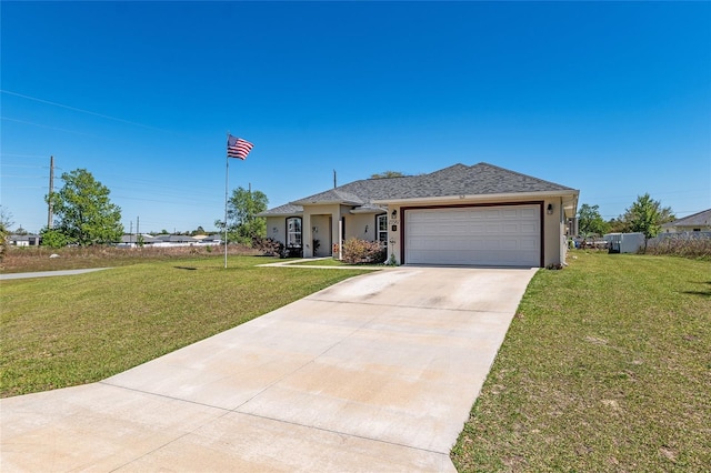 ranch-style home with stucco siding, concrete driveway, a front yard, and a garage