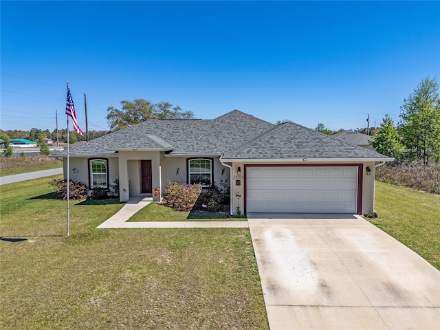 ranch-style house with a front yard, roof with shingles, driveway, an attached garage, and stucco siding