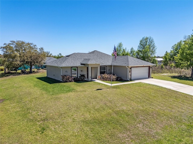 ranch-style home featuring stucco siding, concrete driveway, a garage, and a front yard