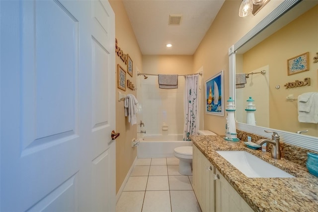 19829 Gulf Blvd Unit 601, Indian Shores, FL 33785 - bathroom with visible vents, shower / bathtub combination with curtain, toilet, tile patterned flooring, and vanity