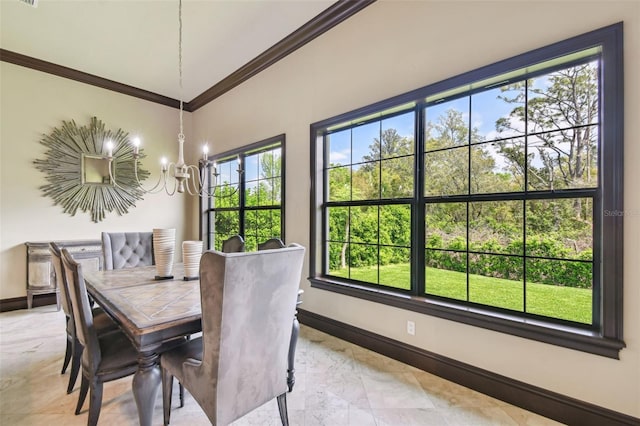 dining room with visible vents, baseboards, a notable chandelier, and ornamental molding