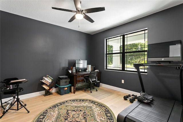 office featuring baseboards, a ceiling fan, and light wood-style floors