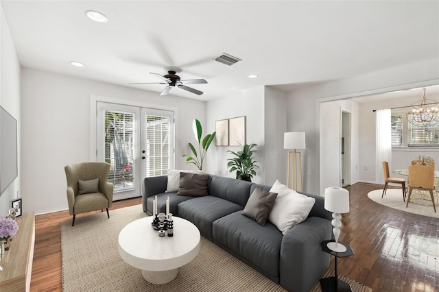 1401 E N St, Tampa, FL 33604 - living area with plenty of natural light, french doors, a ceiling fan, wood finished floors, and recessed lighting