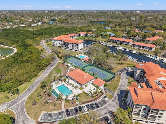 drone / aerial view featuring a water view