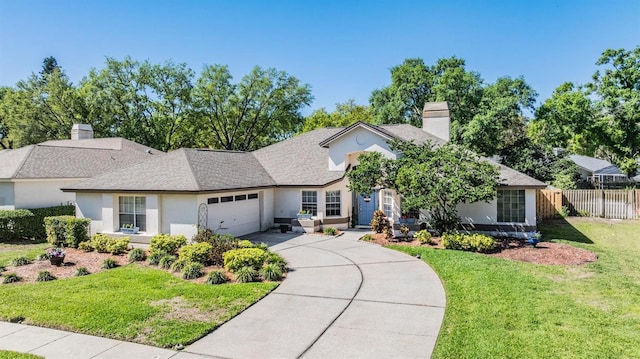 ranch-style home featuring a front lawn, fence, stucco siding, a chimney, and a garage
