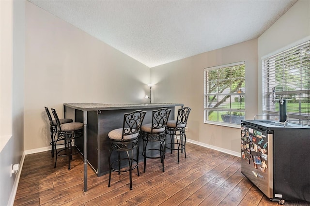 dining area featuring baseboards, a bar, wood finished floors, and vaulted ceiling