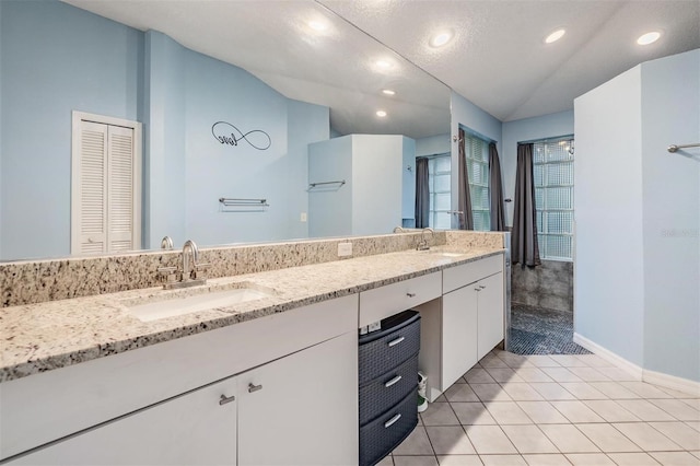 bathroom featuring a closet, vaulted ceiling, double vanity, and a sink