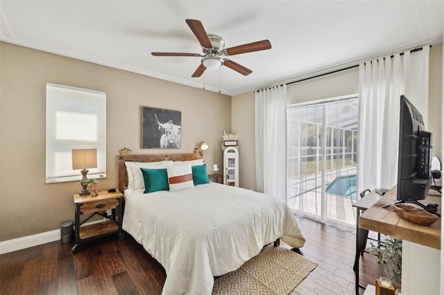 954 Cobblestone Ln, Tarpon Springs, FL 34688 - bedroom featuring baseboards, hardwood / wood-style flooring, access to outside, and ceiling fan