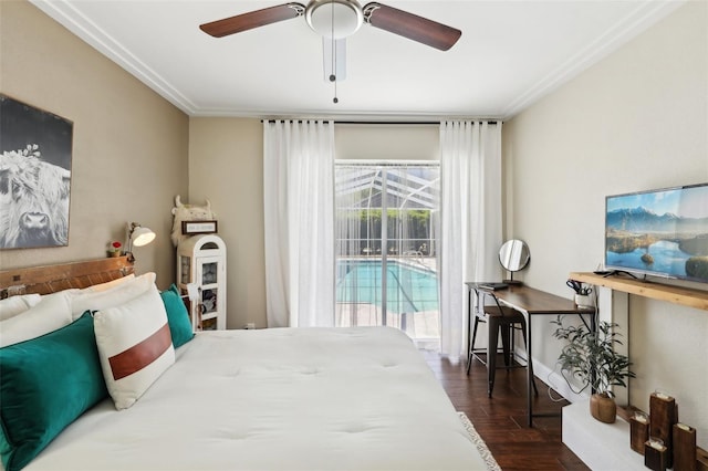 954 Cobblestone Ln, Tarpon Springs, FL 34688 - bedroom with ornamental molding, dark wood-style floors, access to exterior, and ceiling fan