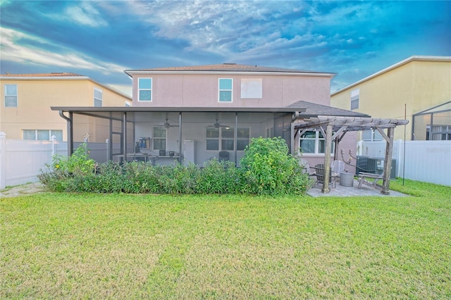 rear view of property featuring a patio, a pergola, fence private yard, cooling unit, and a yard
