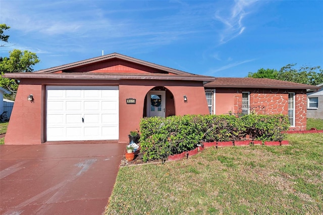 10035 Cherry Creek Ln, Port Richey, FL 34668 - ranch-style home featuring a garage, stucco siding, concrete driveway, and a front yard