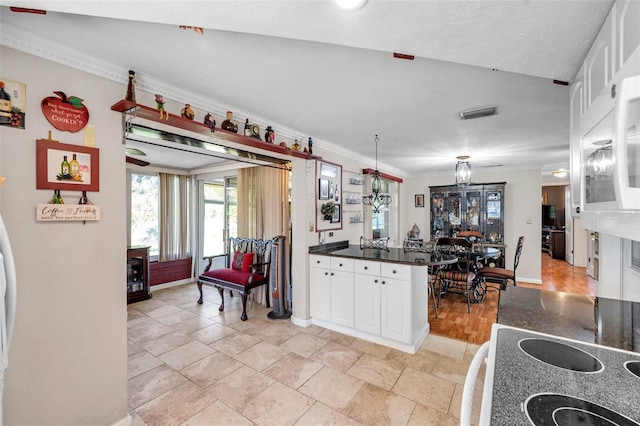 10035 Cherry Creek Ln, Port Richey, FL 34668 - kitchen featuring dark countertops, ornamental molding, a peninsula, and range with electric stovetop