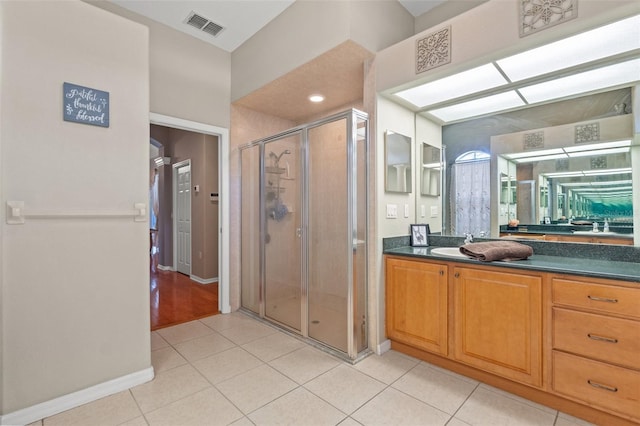 16340 Marquis Rd, Brooksville, FL 34614 - bathroom with vanity, visible vents, tile patterned flooring, and a stall shower