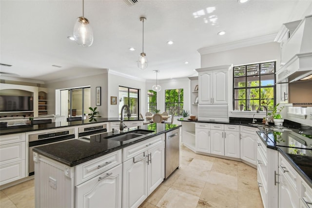 kitchen with open shelves, an island with sink, a sink, white cabinets, and dishwasher