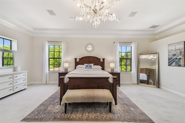 bedroom featuring a notable chandelier, visible vents, light colored carpet, and multiple windows