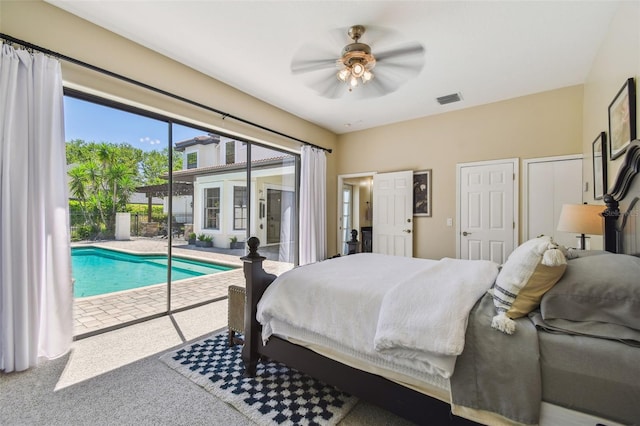 bedroom with visible vents, carpet floors, ceiling fan, and access to outside