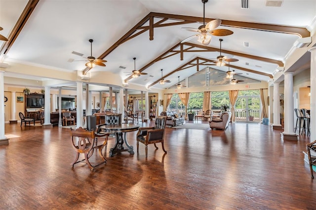 17927 Bahama Isle Cir, Tampa, FL 33647 - living area featuring visible vents, decorative columns, beamed ceiling, and a ceiling fan